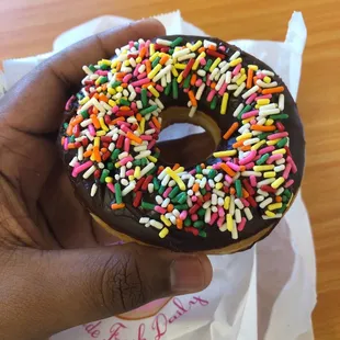 Chocolate donut with sprinkles. Yummmmm