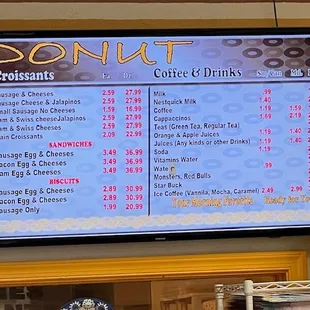 a menu on a large screen