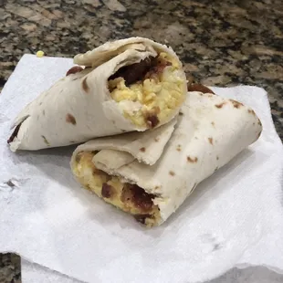 Bacon, egg, and cheese breakfast taco. Yum! Also comes with salsa if you want.