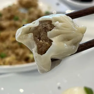 Crab Beef Xiao Long Bao with Shrimp Fried Rice in the background