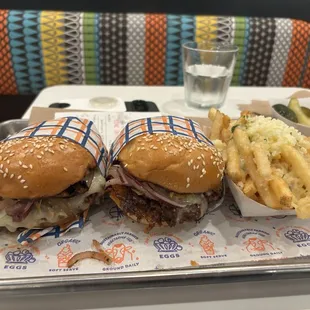 Truffle burger (seasonal special, Sherry Burger (secret menu through mid-January '25), and garlic fries