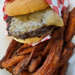 a cheeseburger and sweet potato fries