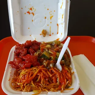 Chow mein, sweet and sour chicken and chop suey.