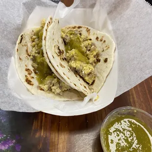 breakfast tacos with homemade flour tortillas and salsa verde