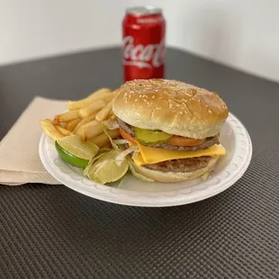 a hamburger and french fries