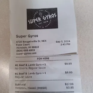 9/5/24 Gyros are reasonably priced