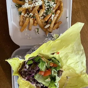 Gyro and fries. You can see that the sandwich is missing the sauce.