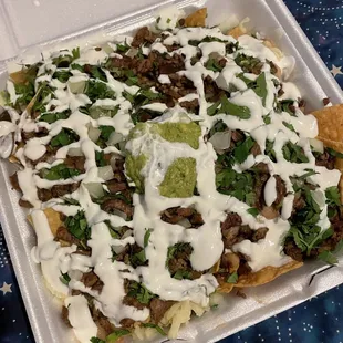 Carne asasda nachoes with beans, onions, cheese, creme, cilantro, and guac (not extra charge)