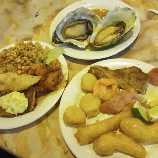 Dry fish chicken tastes like fish. Swai fish was a mouthful of mush. Rib&apos;s tough and fatty. The oysters were good and veggies, nothing Else