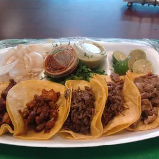 2 pastor, 2 barbecoa and 1 lengua taco