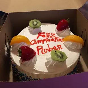 Tres Leches cake with peach, kiwi and strawberry topping. $20.