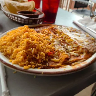 #14 - two cheese enchiladas with rice and beans
