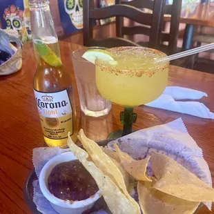 Chips, salsa, mango margarita w/ tajin rim, and a Corona.