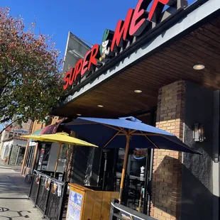 the entrance to a restaurant