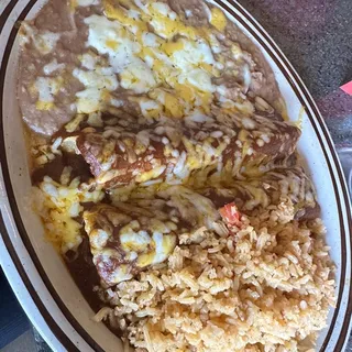5. Two Chicken Enchiladas, Rice & Beans