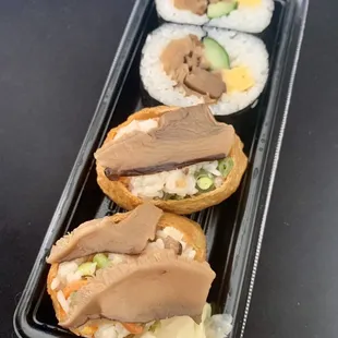 Tofu skin rolls and mushroom/egg/cucumber rolls