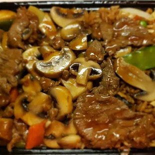 The beef with mushrooms and the chicken fried rice minus any noticeable chicken.