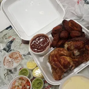1/2 Peruvian  Rotisserie Chicken, 1 side fried plantain, 1 side red beans, 1 side onion criola salad mixed with regular chopped onion salad.