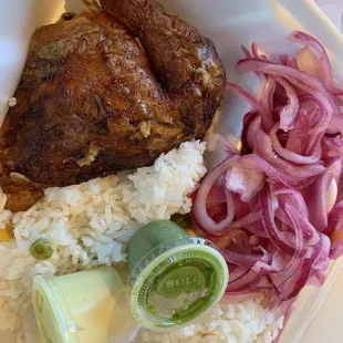 #8 1/4 dark w 2 sides (rice and red onions r sides), green sauce, white sauce $11.99 plus tax