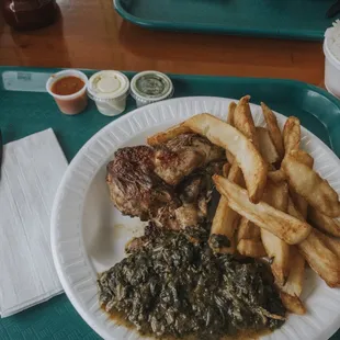 1/4 chicken with french fries and spinach