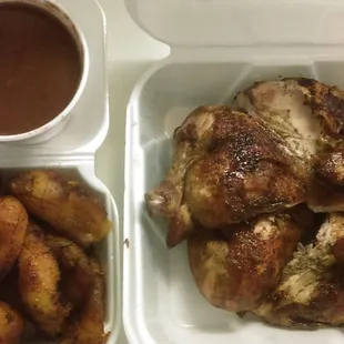 Whole chicken, side pinto beans and fried plantains.