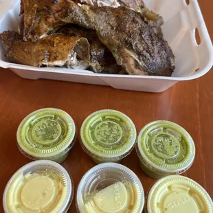 Whole Chicken no sides. Yummy!! Complimentary sauce