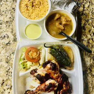 3-piece Pollo Asada with grilled onion, jalapeño, rice and churro beans.