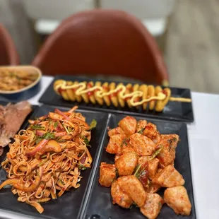 Flavored dried tofu, potato tower, super potato