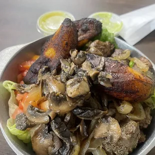 Rico Bowls with steak, sweet plantains,mushrooms and grilled onion