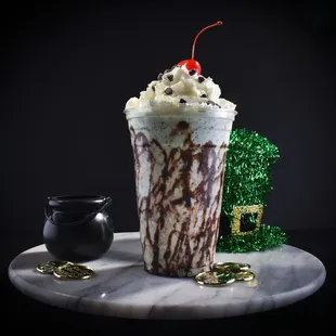 a chocolate milkshake with a cherry on top