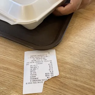 the receipt for the pizza