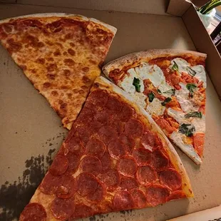 3 slices from the display case: Pep, Cheese, Margherita HUGE NYC style.