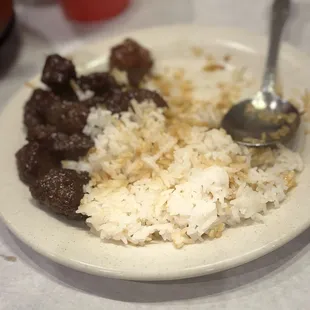 a plate of rice and meat