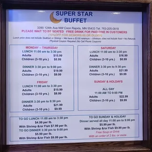 Buffet prices. Lunch /Dinner. Dine in or to-go.