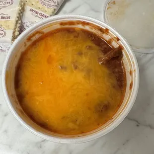 Small Chili with mushrooms and cheddar cheese