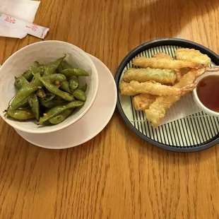 Tempura, edamame