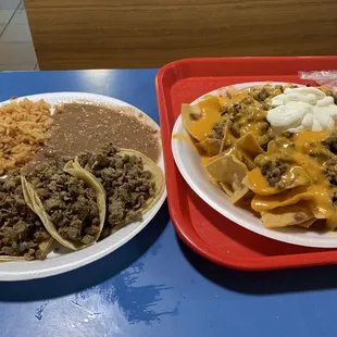 3 taco plate with rice and beans &amp; super nachos
