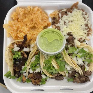 5 regular tacos with rice and beans ($12.99 USD)