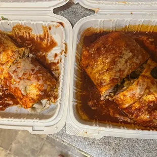 2 wet burritos of unequal  proportion!