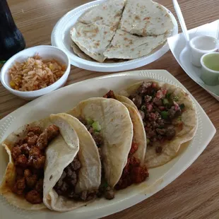 Super special (sampler platter) and carne asada quesadillas