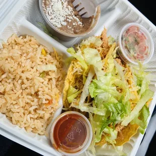 Crispy Chicken Tacos combo. Includes 3 chicken tacos, rice &amp; beans.
