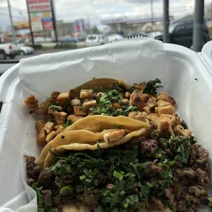 Chicken and Steak Tacos (no onions)