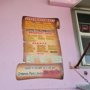 Super Tacos Lucy Menu