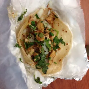 Chicken Taco, flour, onion and cilantro