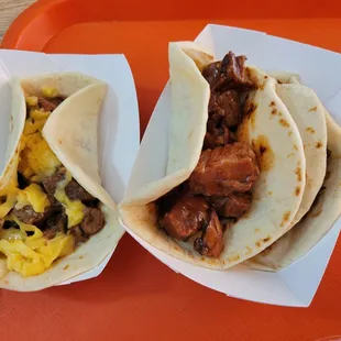 Carne guisada with cheese taco and brisket taco