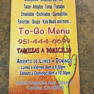 Información del menú