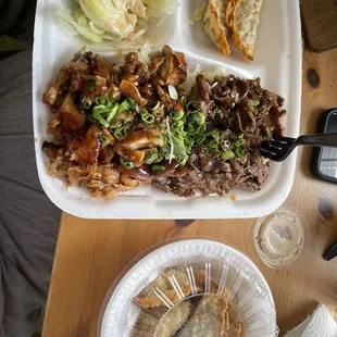 Beef and Chicken &amp; Beef Combo with a side of Gyozas