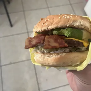 Bacon lettuce tomato avocado , patty &amp; cheese.