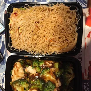 two takeout containers with noodles and broccoli