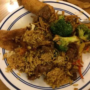 Fried dumpling on the left, egg roll at the top, and lo mein, beef broccoli, and fried rice mixed together.